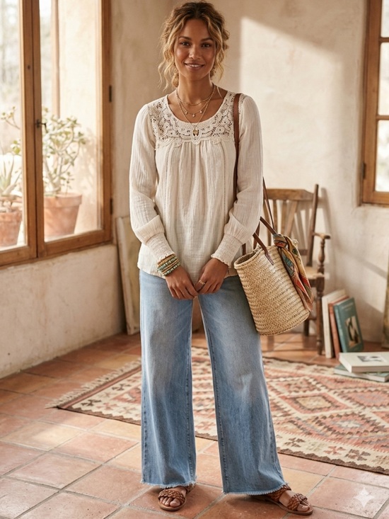 fig and flower Tops - Anthropologie Fig & Flower Lace Yoke Peasant Blouse Long Sleeve Large Shabby